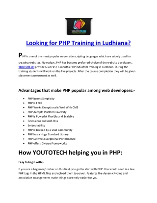 Looking for PHP Training in Ludhiana? (YOUTOTECH WEB MOBILE DEVELOPMENT)