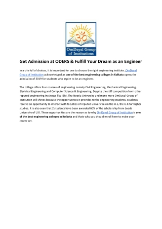 Get Admission at ODERS & Fulfill Your Dream as an Engineer