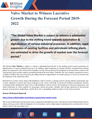 Valve Market to Witness Lucrative Growth During the Forecast Period 2019-2022