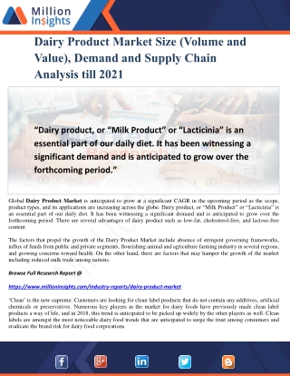 Dairy Product Market Size (Volume and Value), Demand and Supply Chain Analysis till 2021