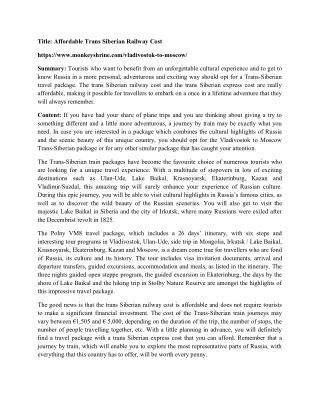 Affordable Trans Siberian Railway Cost