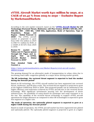 eVTOL Aircraft Market worth $411 million by 2030, at a CAGR of 20.42 % from 2025 to 2030