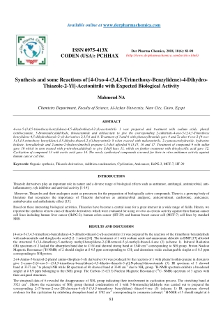 Synthesis and some Reactions of [4-Oxo-4-(3,4,5-Trimethoxy-Benzylidene)-4-DihydroThiazole-2-Yl]-Acetonitrile with Expect