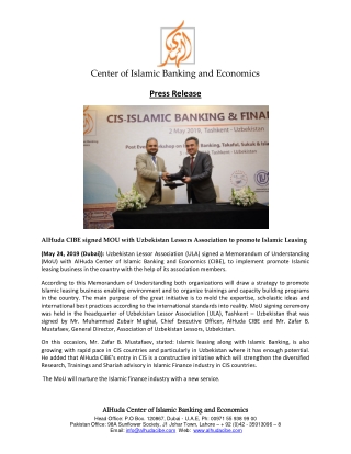 Press Release - AlHuda CIBE signed MoU with Uzbekistan Lessors Association