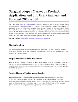 Surgical Loupes Market by Product, Application and End User- Analysis and Forecast 2019-2030