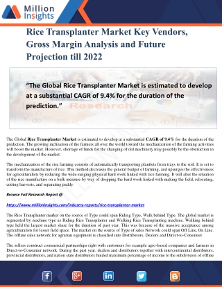 Rice Transplanter Market Key Vendors, Gross Margin Analysis and Future Projection till 2022