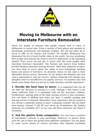 Moving to Melbourne with an Interstate Furniture Removalist