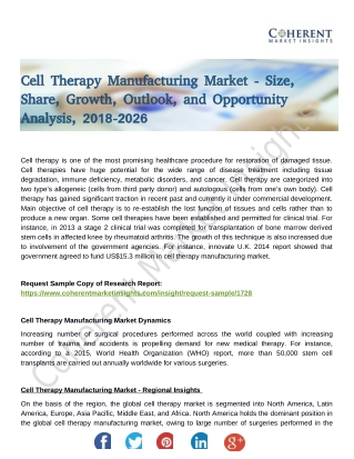 Cell Therapy Manufacturing Market to Exhibit Steadfast Growth During 2018-2026 Forecast by Global Top Players