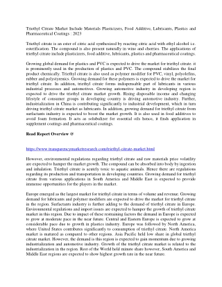 Triethyl Citrate Market Include Materials - Plasticizers, Food Additive, Lubricants, Plastics and Pharmaceutical Coating