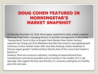 DOUG COHEN FEATURED IN MORNINGSTAR’S MARKET SNAPSHOT