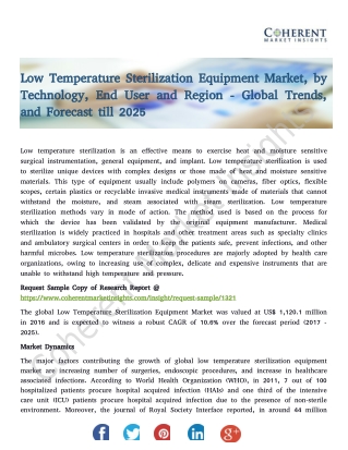 Low Temperature Sterilization Equipment Market, by Technology, End User and Region - Global Trends, and Forecast till 20