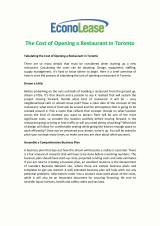The Cost of Opening a Restaurant in Toronto