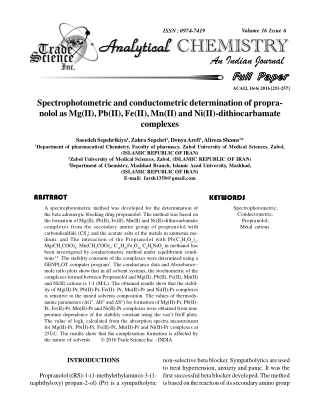 Spectrophotometric and conductometric determination of propra- nolol as Mg(II), Pb(II), Fe(II), Mn(II) and Ni(II)-dithio