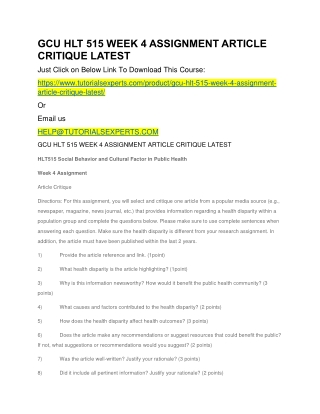 GCU HLT 515 WEEK 4 ASSIGNMENT ARTICLE CRITIQUE LATEST