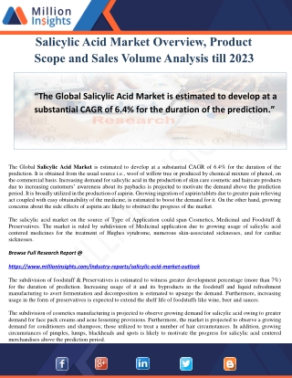 Salicylic Acid Market Overview, Product Scope and Sales Volume Analysis till 2023