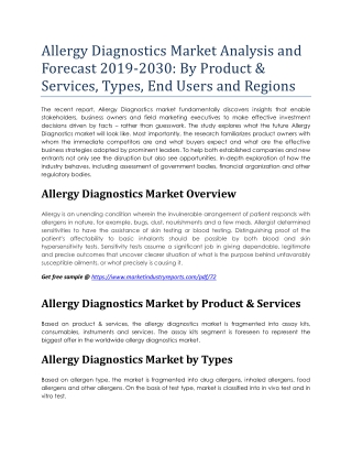 Allergy Diagnostics Market Analysis and Forecast 2019-2030: By Product & Services, Types, End Users and Regions