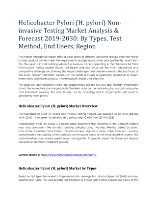 Helicobacter Pylori (H. pylori) Non-invasive Testing Market Analysis & Forecast 2019-2030: By Types, Test Method, End Us
