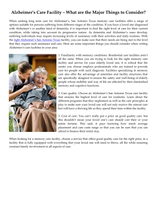 Alzheimer’s Care Facility – What are the Major Things to Consider?