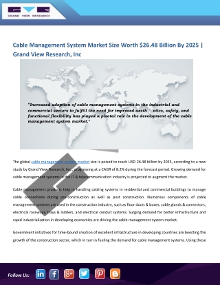 Cable Management System Market Is Anticipated to Attain Around $26.48 Billion By 2025