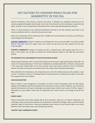 KEY FACTORS TO CONSIDER WHILE FILING FOR BANKRUPTCY IN THE USA