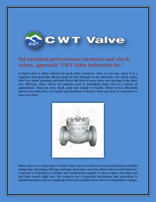 For excellent performance strainers and check valves, approach “CWT Valve Industries Inc.”