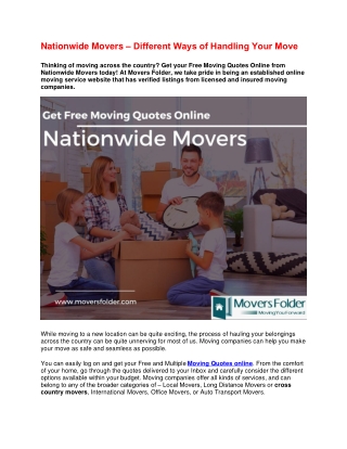 Nationwide Movers – Different Ways of Handling Your Move