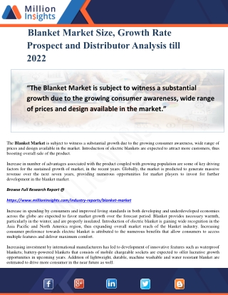 Blanket Market Size, Growth Rate Prospect and Distributor Analysis till 2022