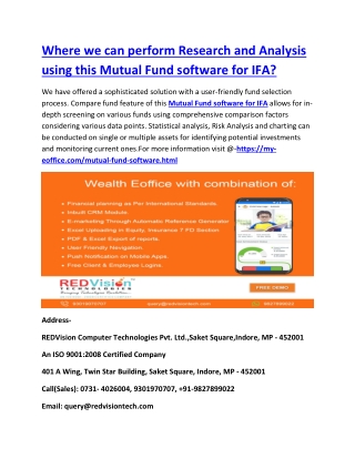 Where we can perform Research and Analysis using this Mutual Fund software for IFA?