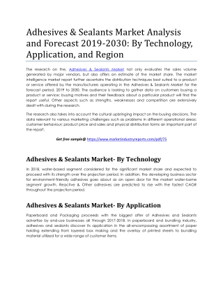 Adhesives & Sealants Market Analysis and Forecast 2019-2030