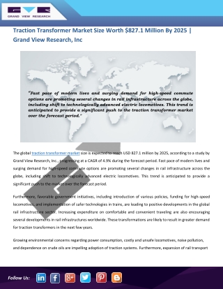 Traction Transformer Market to Hit $827.1 Million by 2025