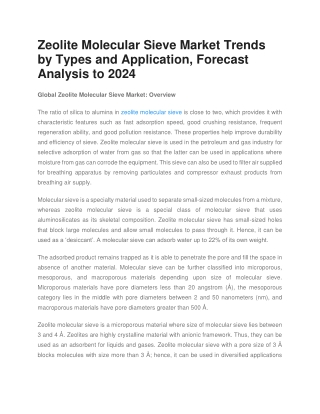 Zeolite Molecular Sieve Market Trends by Types and Application, Forecast Analysis to 2024