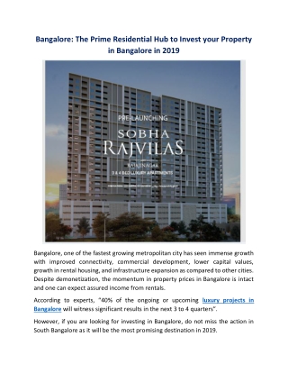 Bangalore- The Prime Residential Hub to Invest your Property in Bangalore in 2019