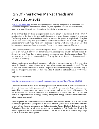 Run Of River Power Market Trends and Prospects by 2023