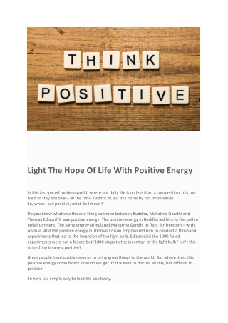 Light The Hope Of Life With Positive Energy