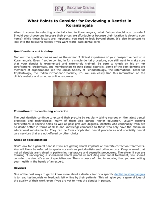 What Points to Consider for Reviewing a Dentist in Koramangala