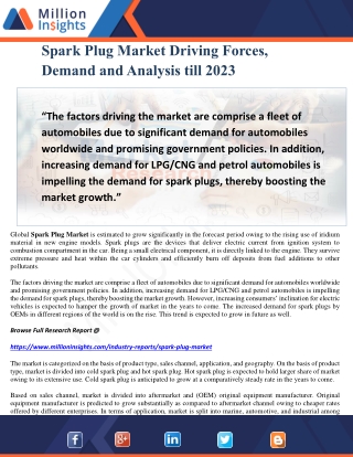 Spark Plug Market Driving Forces, Demand and Analysis till 2023