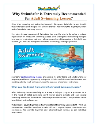 Why SwimSafer is Extremely Recommended for Adult Swimming Lesson?