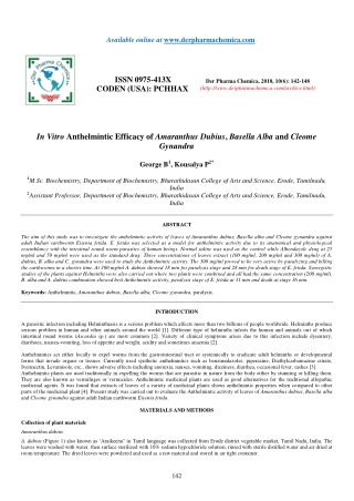 In Vitro Anthelmintic Efficacy of Amaranthus Dubius, Basella Alba and Cleome Gynandra