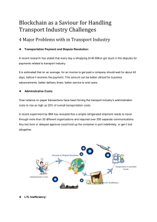 Blockchain as a Saviour for Handling Transport Industry Challenges