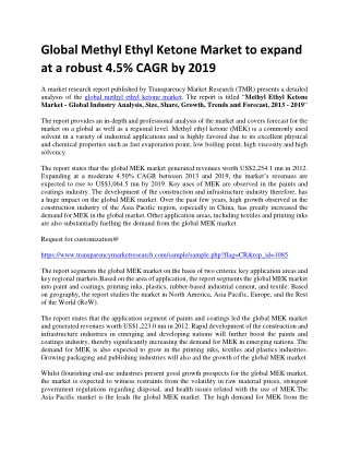 Global Methyl Ethyl Ketone Market to expand at a robust 4.5% CAGR by 2019