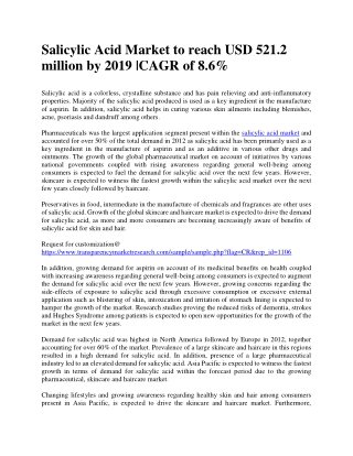 Salicylic Acid Market to reach USD 521.2 million by 2019 |CAGR of 8.6%