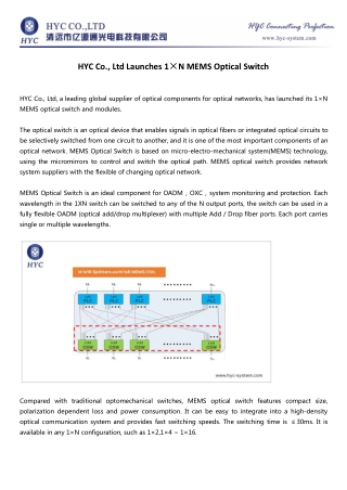 HYC Co., Ltd Launches 1×N MEMS Optical Switch