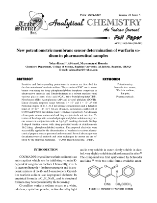 New potentiometric membrane sensor determination of warfarin so- dium in pharmaceuticalsamples