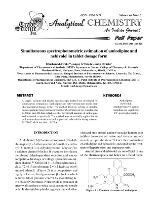 Simultaneousspectrophotometric estimation of amlodipine and nebivolol in tablet dosage form