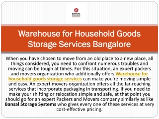 Warehouse for Household Goods Storage Services Bangalore