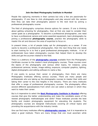 Join the Best Photography Institute in Mumbai