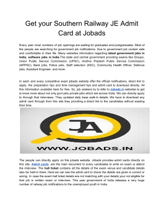 Get your Southern Railway JE Admit Card at Jobads