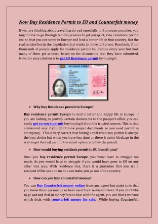 Now Buy Residence Permit to EU and Counterfeit money