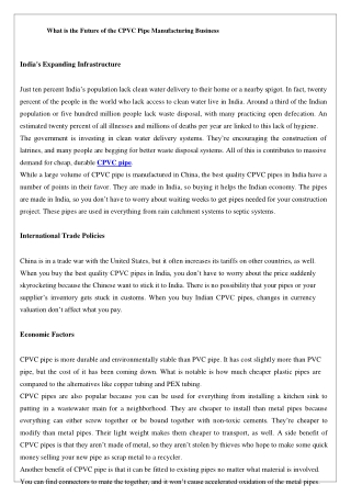 What is the Future of the CPVC Pipe Manufacturing Business