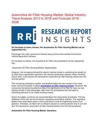 Automotive Air Filter Housing Market research to Create Lucrative Opportunities for Existing Companies as Well as New P